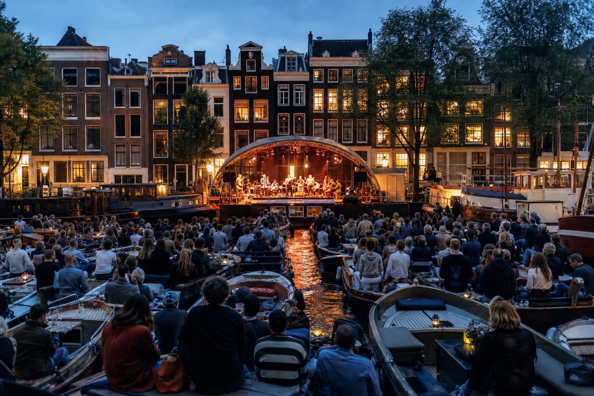 Boten dicht opeen op de Prinsengracht 's avonds voor een drijvend klassiek concert