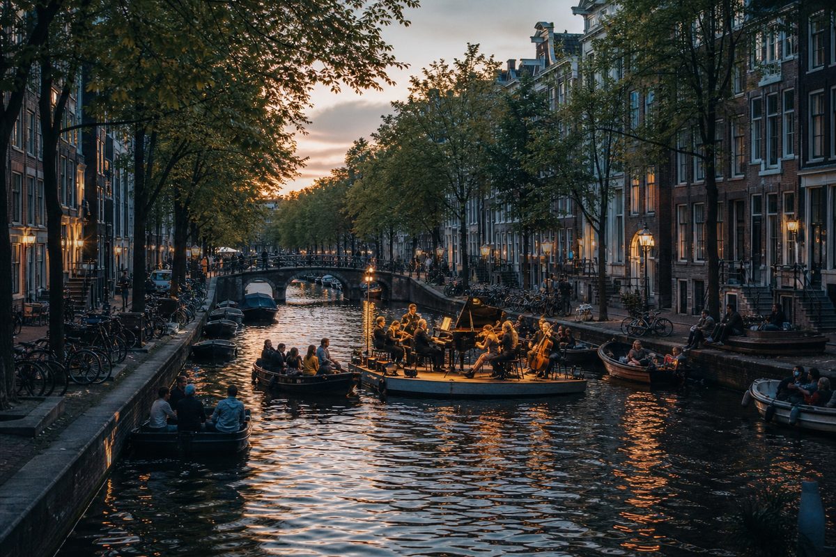 A floating stage with musicians on the Keizersgracht canal in Amsterdam