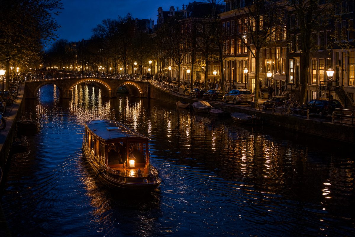 Illuminated light-art installations reflected on an Amsterdam canal in winter