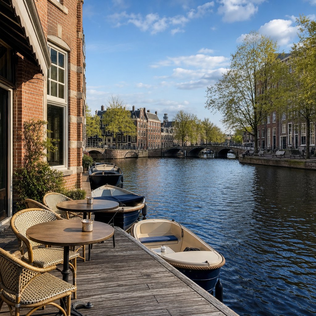 An Amsterdam canal-side cafe terrace at the water's edge