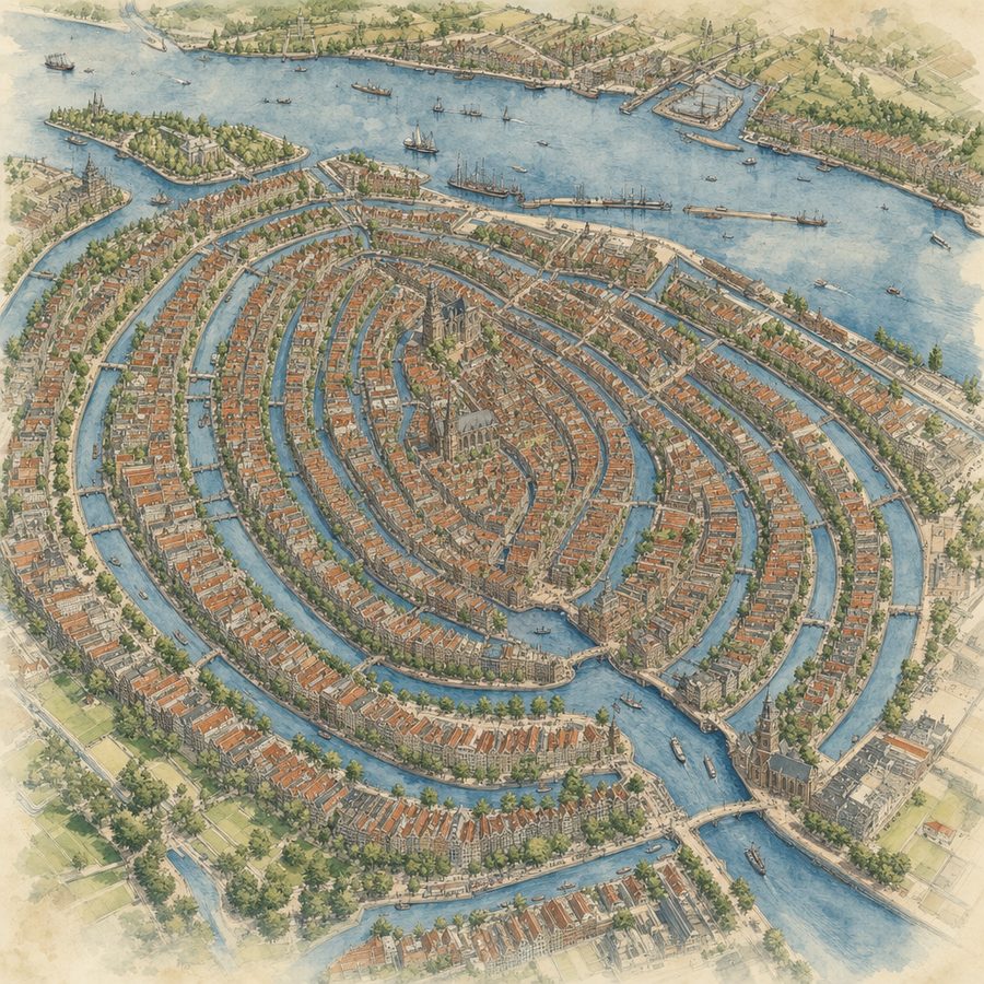 Stylised map of the Amsterdam canals with a marker for each canal event